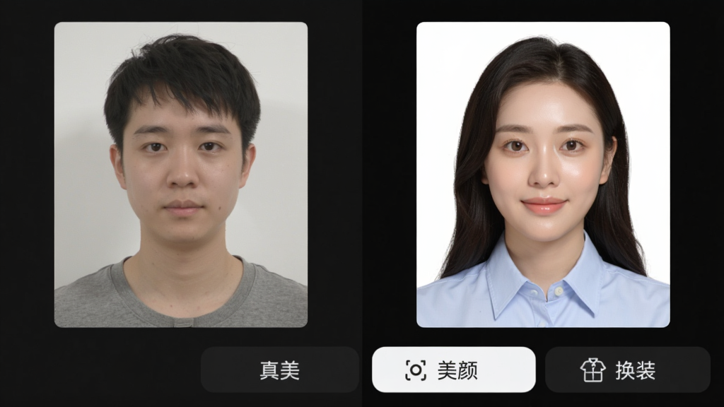 真美证件照的美颜换装功能截图,画面分为左右对比,左侧为素颜便装人像,右侧为穿着衬衫、肤色提亮且精神饱满的证件照效果,界面下方显示“美颜”、“换装”选项图标,整体风格直观友好,画质细腻,排版清爽