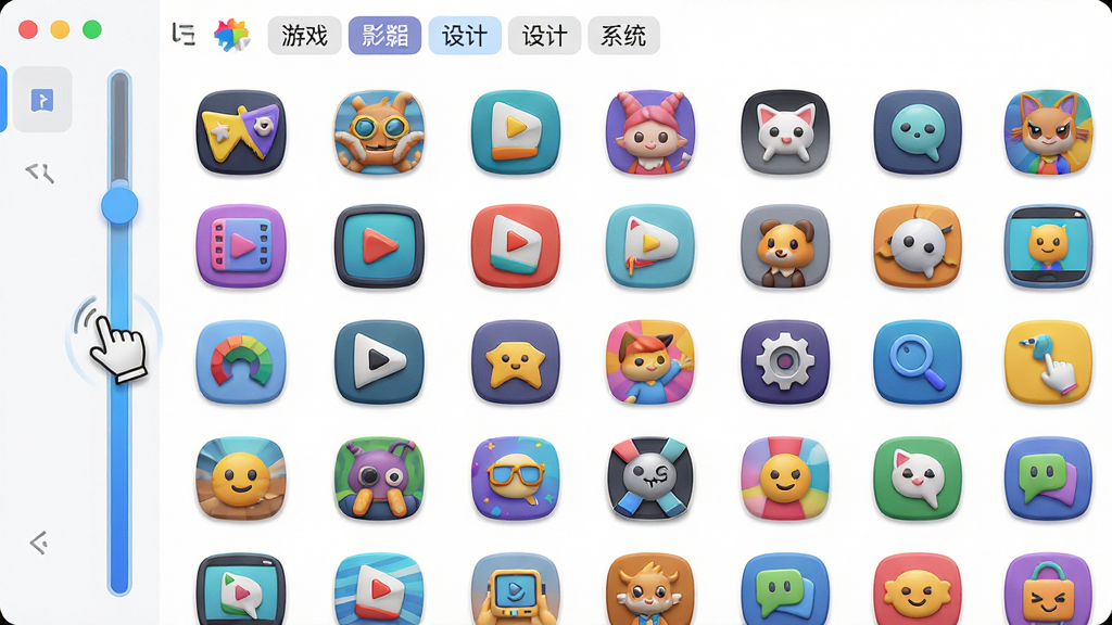 主体:图标精灵软件图标库界面,滚动条正在向下滑动,显示大量不同风格的图标;布局:瀑布流式布局,图标大小不一错落有致;排版:图标连续排列,鼠标滚动时带有流畅动画;风格:活泼鲜艳,有3D立体感;细节:可以看到游戏、影音、设计、系统等分类标签;画质:高分辨率清晰展示,干净无多余元素。