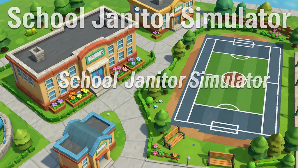 主体:School Janitor Simulator游戏中的校园俯瞰图,显示教学楼、操场、花园等不同功能区域。布局:采用游戏地图的俯视视角,各建筑和区域错落有致,用明亮的线条和色块区分。排版:地图风格,清晰标注各区域名称,画面整体平衡,信息层级分明。风格:卡通渲染,色彩鲜艳明亮,环境细节丰富,具有游戏截图质感。细节:教学楼前有小型花坛,操场上画有白色标线,花园里有树木和长椅,整体环境干净且充满活力,画面中悬浮着
