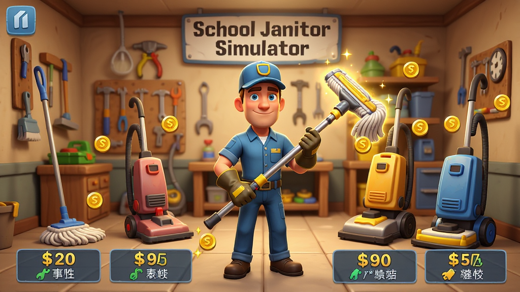 主体:School Janitor Simulator中的装备升级界面,展示勤杂工角色站在一个装满各种清洁工具和机器的工具房前。布局:角色站在画面中央,周围环绕着不同等级的拖把、吸尘器、洗地机等设备,设备下方标有价格和属性。排版:类似商店界面,物品陈列整齐,角色与商品互动感强。风格:卡通风格,工具房内部细节丰富,光线温暖。细节:角色穿着升级后的工作服,手持一把带有金色光芒的高级拖把,设备上闪烁着金币图标,背景墙上挂着