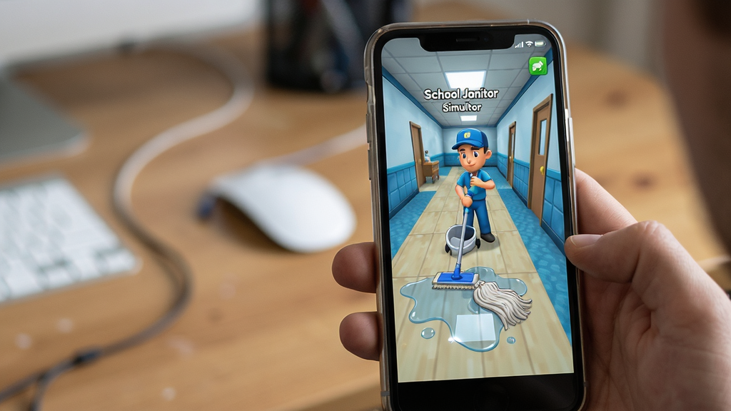 主体:一个玩家正在使用手机玩School Janitor Simulator,手机屏幕显示游戏内清洁走廊的画面。布局:手机位于画面中央偏右,屏幕内容清晰可辨,周围是模糊的桌面环境。排版:特写镜头,手机屏幕占画面主要部分,突出游戏运行状态。风格:写实摄影风格,但屏幕内为卡通游戏画面。细节:手机屏幕上显示角色正在用拖把拖地,地面有反光的水渍,屏幕顶部有电量图标,手机边框带有金属质感。画质:高清晰度,屏幕无频闪,画面干净,无多余元素。