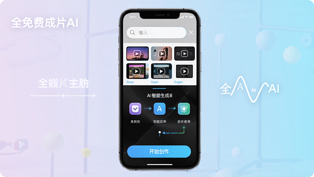 全免费成片AI主界面展示图,手机屏幕中显示简洁的创作工作台,上方有输入框和多种视频模板缩略图,中间是AI智能生成流程示意,底部有开始创作按钮,整体风格现代明亮,UI设计清爽,带有“全免费成片AI”文字标识,高清画质,干净无多余元素。