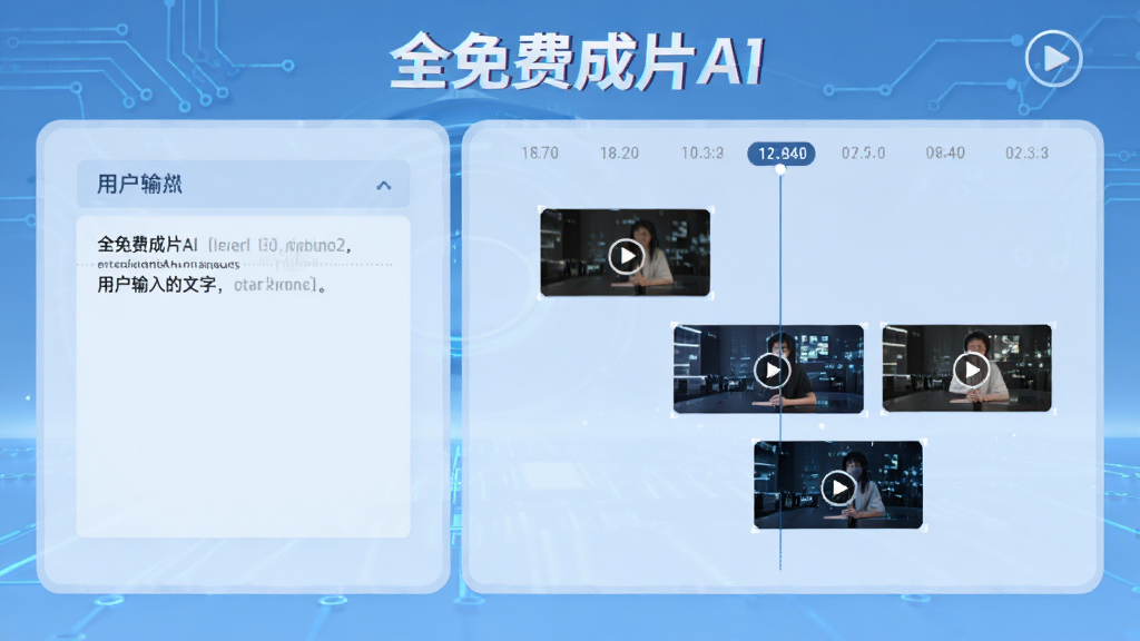 全免费成片AI智能文案成片功能预览,左侧是用户输入的文字框,右侧是AI自动生成的视频时间线,包含多个视频片段缩略图,上方显示“全免费成片AI”品牌名称,背景为浅蓝色科技感界面,画面干净整洁,高清画质。