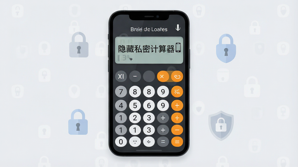 主体:一部智能手机屏幕显示计算器界面,背景为浅灰色调。布局:手机居中,界面清晰显示数字按键和“隐藏私密计算器”字样。排版:简洁明了,突出计算器外观与伪装效果。风格:现代扁平化设计,色调干净明亮。细节:手机周围有淡淡的数据加密锁图标与盾牌图案,暗示安全防护功能。画质:高清渲染,干净无多余元素。