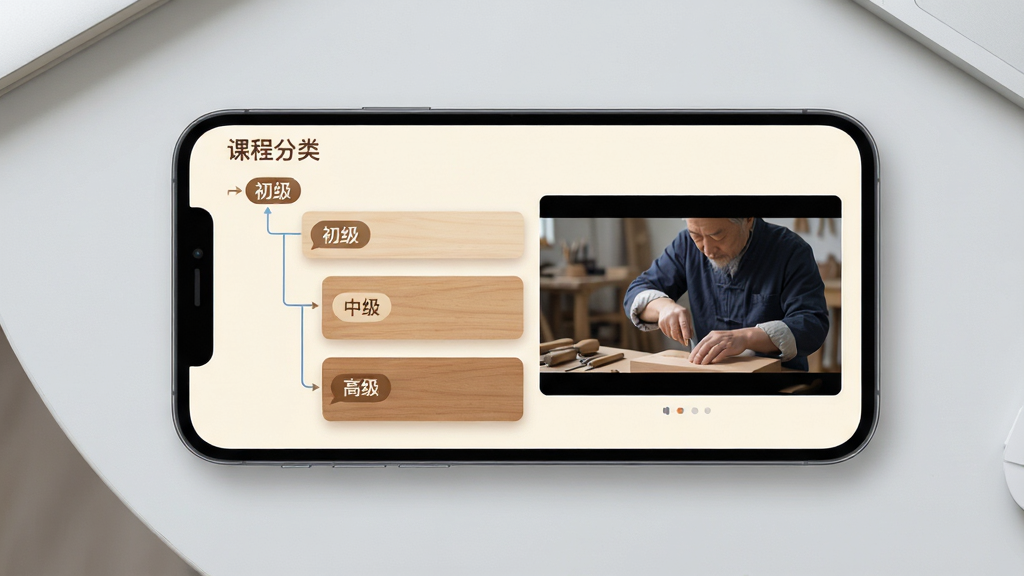 主体:智能手机屏幕展示百工千匠APP的分阶课程列表界面,左侧为课程分类树状图,右侧为视频播放画面。布局:手机居中,屏幕内容清晰可见,背景为浅灰色桌面。排版:界面层级分明,课程卡片整齐排列,颜色以木色与米白为主。风格:扁平化UI设计风格,搭配柔和阴影效果。细节:屏幕中显示“初级”、“中级”、“高级”标签,视频内有工匠示范动作。画质:高清,干净无多余元素。