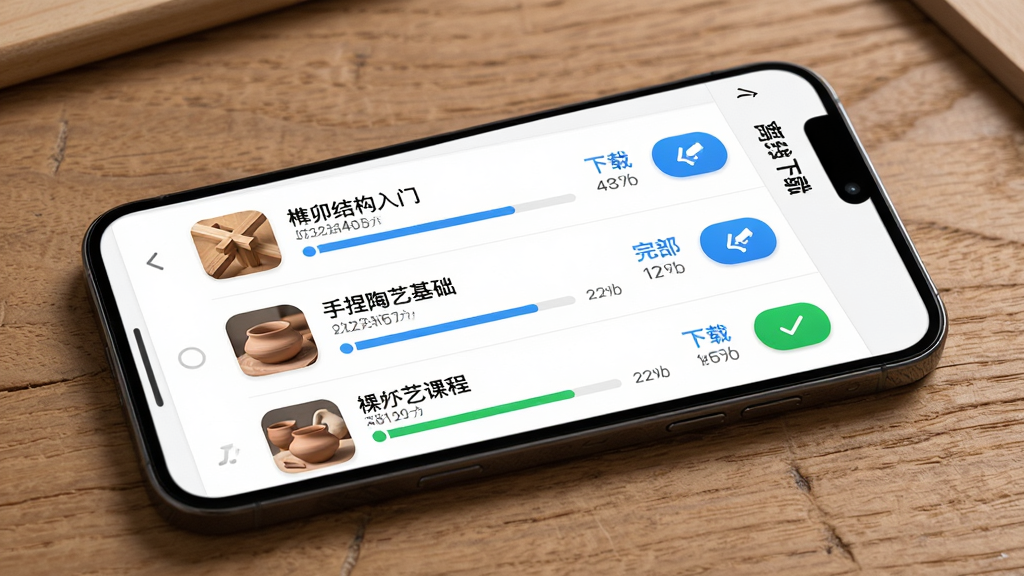 主体:手机屏幕显示百工千匠的“离线下载”管理页面,列表中有多个已下载的课程文件,每个文件显示进度条与大小。布局:手机侧放,屏幕内容为主,背景为木质桌面。排版:列表条目清晰,下载按钮为蓝色,已完成项为绿色对勾。风格:简洁的移动端管理界面,白色背景,黑色文字,图标圆润。细节:课程名称如“榫卯结构入门”、“手捏陶艺基础”,进度条处于不同位置。画质:超清,无多余元素。