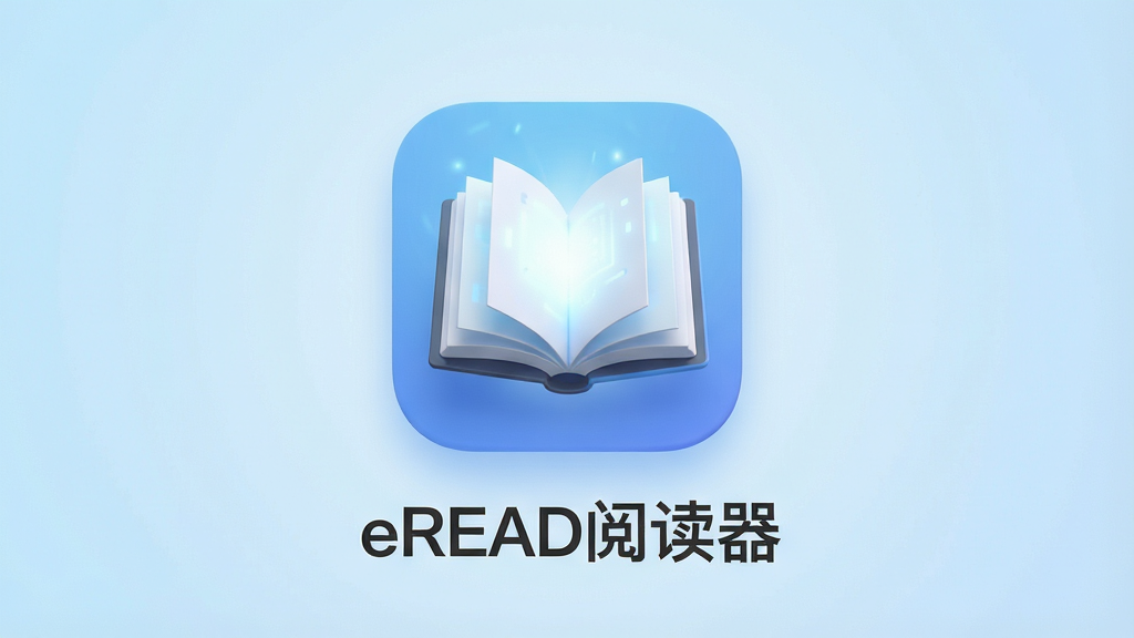一张现代简约风格的三维渲染图,主体是悬浮在浅蓝色渐变背景上的“eREAD阅读器”软件图标,图标中心有一本翻开的立体电子书,书页上散发着柔和的科技光芒。布局采用中心对称,图标下方配有“eREAD阅读器”的文字标识。整体排版干净清爽,风格融合了扁平化与轻微拟物细节。画面画质细腻,光线通透,干净无多余元素。
