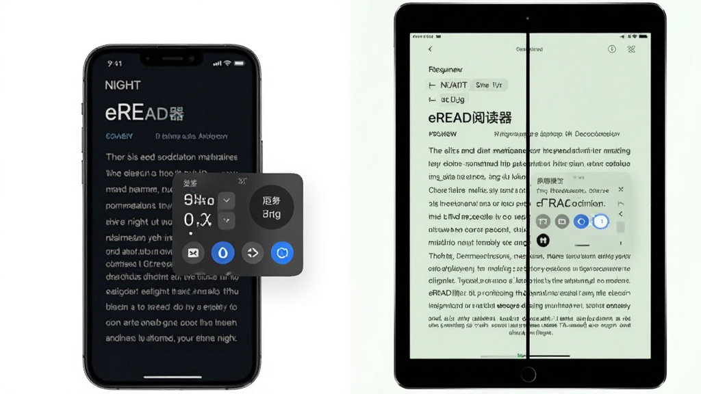 一张对比式宣传图,主体是“eREAD阅读器”在手机与平板上的分屏预览效果。左侧显示夜间模式下的深色背景与柔和文字,右侧显示护眼模式的淡绿色页面。布局采用左右分割构图。风格写实,细节包括调整字号和间距的悬浮控制面板。整体画质清晰,重点突出,无多余修饰。