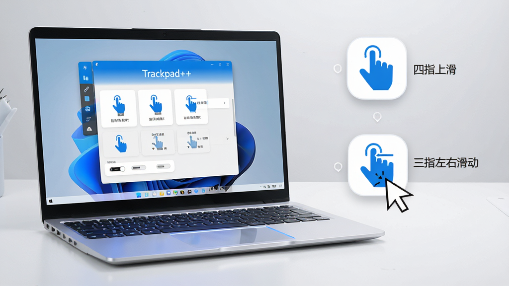 主体:一台运行Windows系统的笔记本电脑,屏幕显示Trackpad++设置界面,界面中清晰标注“Trackpad++”字样及多指手势设置选项。布局:电脑置于画面中央偏左,右侧留白处用悬浮图标展示“四指上滑”“三指左右滑动”等手势示意。排版:前景为鼠标指针点击手势图标,背景为浅灰色渐变工作台。风格:现代扁平化UI风格,色调简洁明亮,蓝色与白色为主。细节:触控板上方有微光反射,设置界面图标清晰可读。画质:8K超高清,干净无多余元素。