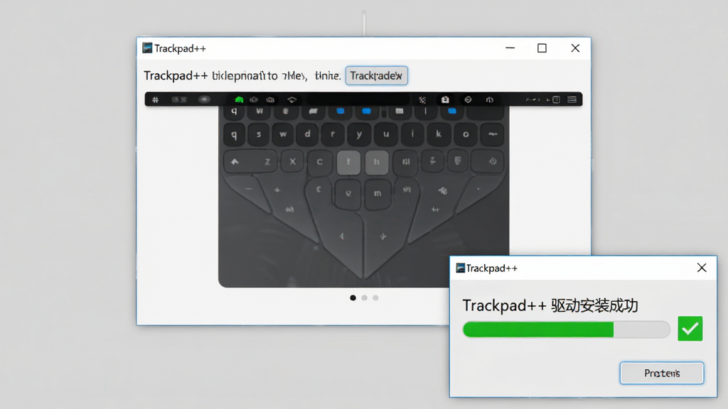 主体:电脑屏幕上方为Trackpad++主界面,下方为驱动安装成功提示窗口,界面中显示“Trackpad++ 驱动安装成功”。布局:上方窗口居中,下方提示窗口位于右下角,背景为纯色浅灰。排版:界面层次分明,主要按钮带有高亮边框。风格:写实Windows截图风格,清晰直白。细节:驱动安装进度条填满,绿色对勾图标。画质:高清,干净无多余元素。