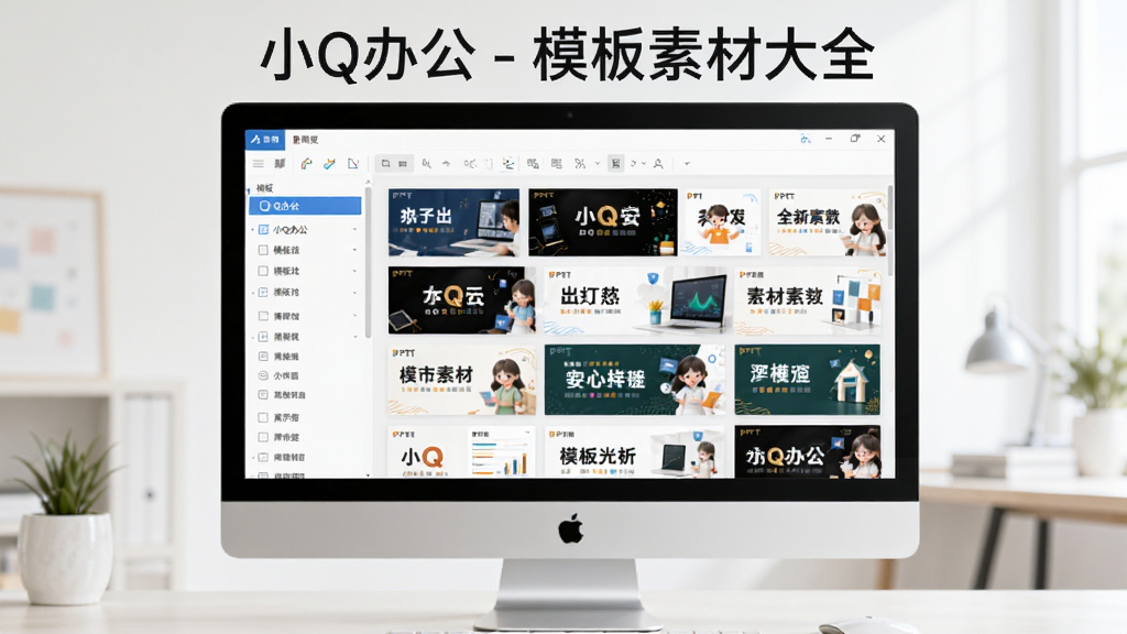 小Q办公 - 模板素材大全的界面预览图,主体为电脑屏幕展示软件主页面,左侧是模板分类列表,右侧是精美的PPT缩略图墙,整体布局简洁明亮,软件名称“小Q办公 - 模板素材大全”显示在页面顶部,画质清晰,干净无多余元素