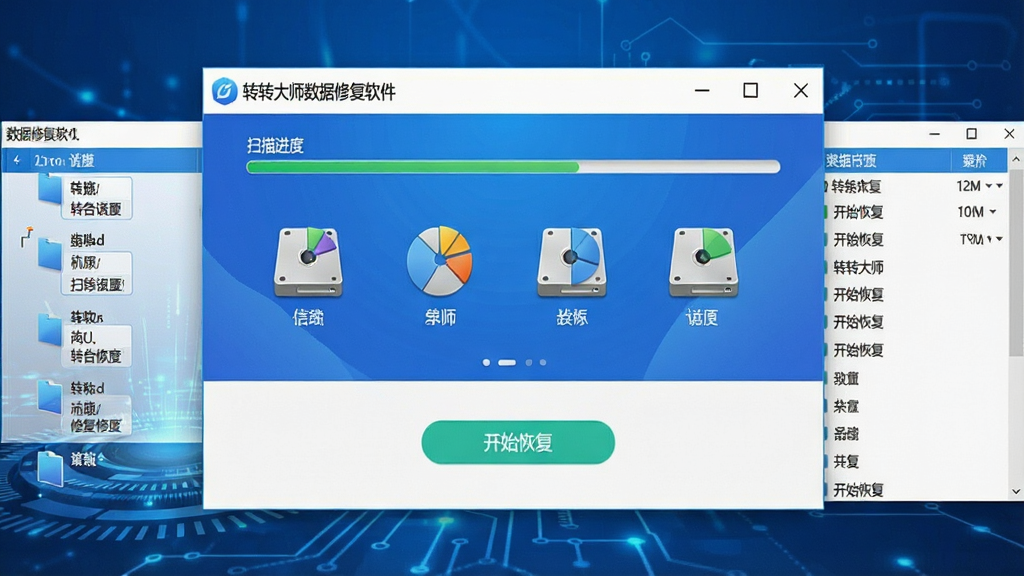 一张展示数据修复软件主界面的高清截图,界面中显示扫描进度条和文件列表,背景为蓝色科技感,主体为“转转大师数据修复软件”的界面,布局居中,排版清晰,风格现代简洁,细节包括磁盘分区图标和“开始恢复”按钮,画质清晰干净,无多余元素