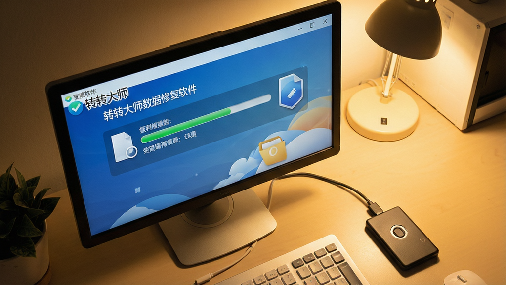 一张电脑操作桌面的图片,屏幕中显示“转转大师数据修复软件”正在恢复文件的界面,旁边有移动硬盘连接,布局为俯拍视角,风格温馨,细节有文件复制进度条,画质清晰