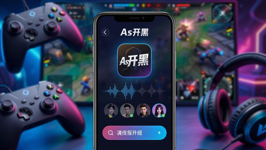 主体:一款名为“As开黑”的手机应用界面展示,屏幕上有清晰的语音波形和队友头像,背景是炫酷的游戏对战场景。布局:手机屏幕居中,周围有模糊的游戏手柄和耳机作为点缀。排版:界面截图清晰展示“As开黑”字样和主要功能按钮。风格:科技感、现代感、色彩鲜艳明亮。细节:应用图标醒目,界面元素排列整齐,画质高清,干净无多余元素