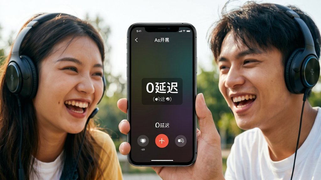主体:两名年轻人戴着耳机,正对着手机屏幕开心地交流,手机屏幕上显示“As开黑”的语音通话界面。布局:人物位于画面两侧,中间手机特写。排版:画面生动自然,突出语音交流的畅快感。风格:写实、活力、阳光。细节:人物表情专注喜悦,界面显示“0延迟”字样,画质清晰,干净无多余元素
