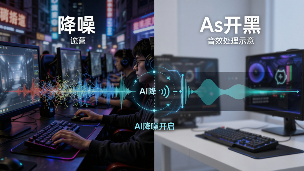 主体:对比画面,左边是嘈杂的环境(如街道、网吧)背景,右边是干净的“As开黑”音效处理示意,中间有清晰的声波过滤动画。布局:左右对比布局,动态感强。排版:简洁明了,突出“降噪”功能。风格:科技感、简洁。细节:声波图从混乱变为平缓,标注“AI降噪开启”,画质干净,无多余元素