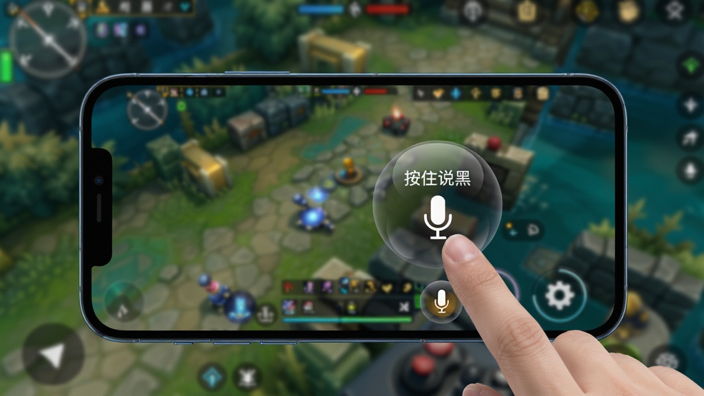 主体:一部手机横屏显示游戏画面,旁边有一个“As开黑”的悬浮球,手指正在点击悬浮球上的麦克风图标。布局:手机位于画面中央,背景是模糊的游戏画面。排版:清晰展示悬浮球操作细节。风格:写实、操作示范。细节:悬浮球标注“按住说话”,界面清爽,画质干净,无多余元素
