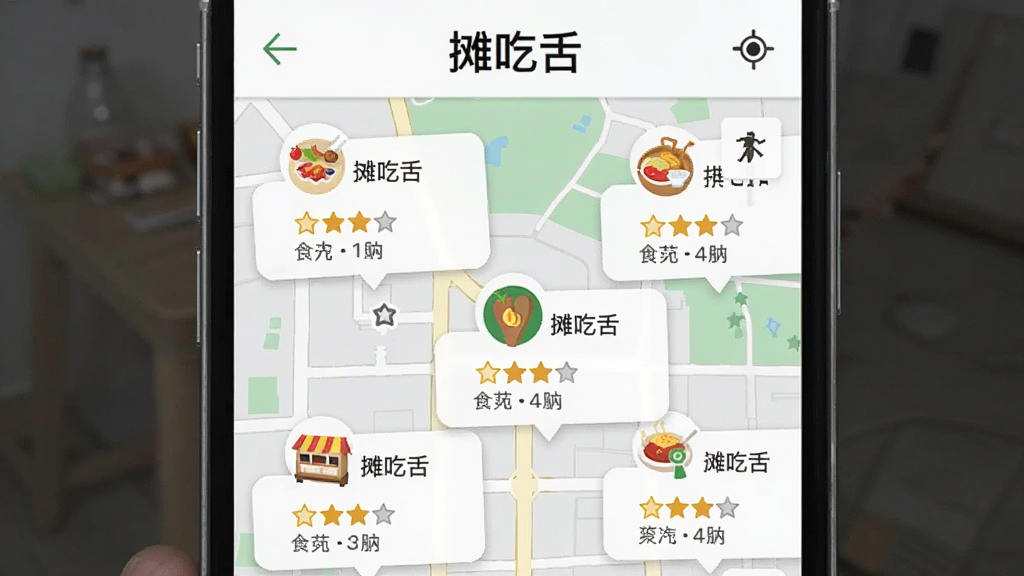 一张展示摊吃舌附近推荐功能的手机界面截图,主体为地图模式,周围分布多个美食摊位图标,并标注评分与距离,布局直观,排版简洁,风格清新,细节丰富,画质清晰,干净无多余元素,界面顶部有“摊吃舌”字样