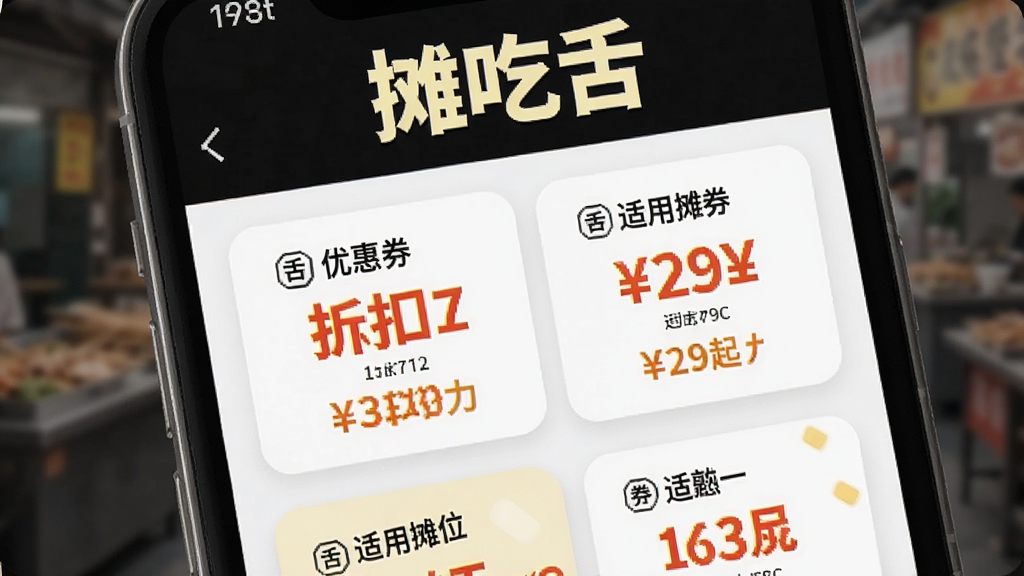 一张展示摊吃舌优惠活动页面的手机截图,主体为优惠券列表,显示折扣力度与适用摊位,配色醒目,布局规整,排版简洁,风格时尚,细节清晰,画质干净,无多余元素,页面顶部有“摊吃舌”字样
