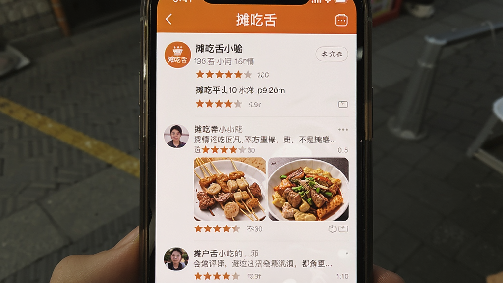 一张展示摊吃舌社区评论区的手机截图,主体为某家小吃摊的详情页,下方显示多条用户评价,配有食物实拍图与星级评分,布局清晰,排版有序,风格真实温暖,细节丰富,画质干净,无多余元素,屏幕上方有“摊吃舌”字样