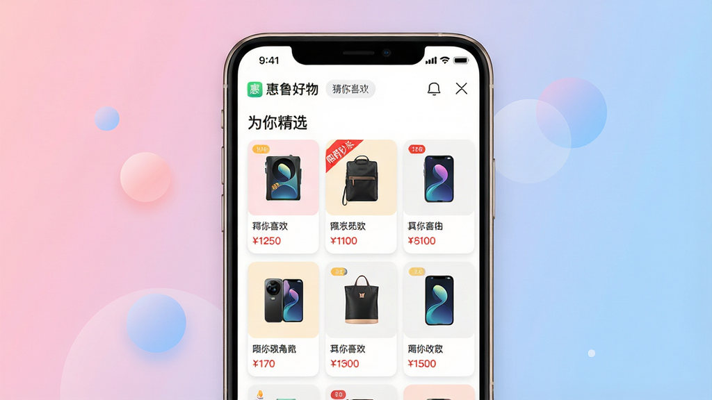 主体:一部智能手机屏幕占据画面主体,屏幕内展示“惠鲁好物”应用的“为你精选”页面,页面由多个商品卡片组成,卡片上显示商品图片和价格,顶部有一行标签“猜你喜欢”;布局:手机处于画面中央,背景为柔和的粉蓝色渐变,屏幕中的商品卡片呈网格状排列,布局整齐;排版:屏幕内的文字和图片清晰,卡片之间的间隔均匀,背景干净,只有几个半透明的圆形装饰;风格:现代简洁的UI设计风格,色彩鲜艳明快,界面元素圆润,搭配柔和的投影效果,整体观感舒适、友好;细节:屏幕中一张商品卡片上带有“限时秒杀”的红角标,手机边缘有细微的金属光泽;画质:超高清,画面锐利,无多余元素。