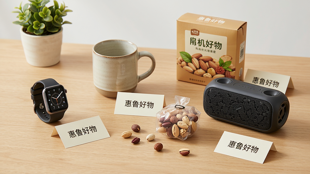 主体:一张木制桌面上摆放着多种“惠鲁好物”精选商品,包括智能手表、陶瓷马克杯、便携蓝牙音箱、有机坚果礼盒等,每件商品旁都有一张写有“惠鲁好物”字样的小卡片;布局:商品以错落有致的方式排列在画面中,桌面背景干净整洁,左上角有一盆小型绿植点缀,整体采用45度俯拍视角;排版:商品之间的间距适中,小卡片文字清晰,不会遮挡商品主体,背景无杂乱元素;风格:商业产品摄影风格,色彩真实自然,光线柔和均匀,突出商品的质感和细节;细节:商品上的材质纹理陶瓷的光泽、坚果的颗粒感都清晰可见,小卡片微微倾斜,增加画面的灵动感;画质:超高清,景深自然,画面干净通透,无多余元素。