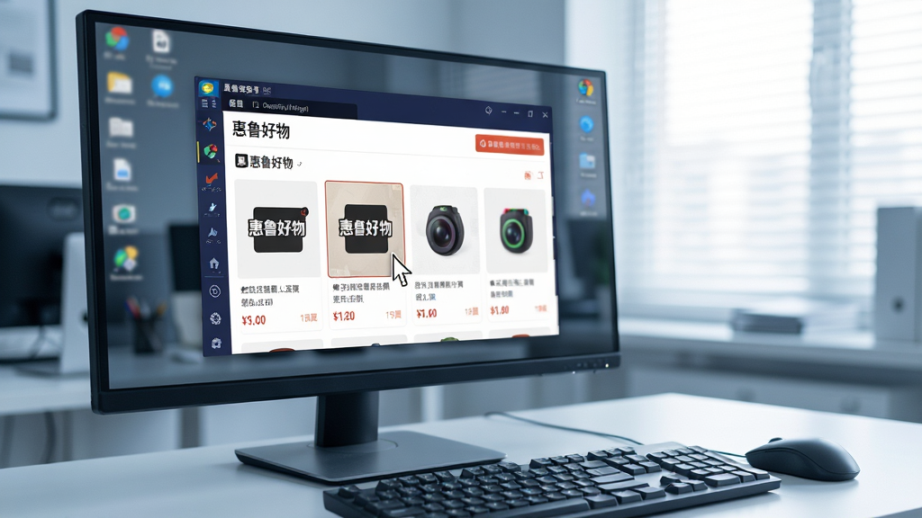主体:一张电脑桌面上运行着安卓模拟器,模拟器窗口中展示“惠鲁好物”购物应用的商品列表页面,页面布局清晰,商品图片与价格文字可见,鼠标指针悬停在一件商品上;布局:电脑显示器位于画面中央偏左,键盘和鼠标在桌面右下角,背景为简洁的办公室环境,百叶窗透进自然光;排版:模拟器窗口大小适中,界面内容清晰可辨,桌面其他图标被虚化处理,突出主体;风格:写实摄影风格,色调偏冷,光线明亮,质感细腻,画面干净专业;细节:屏幕中显示的商品卡片带有“惠鲁好物”logo,鼠标指针清晰可见,键盘上有一层薄灰,增加真实感;画质:超高清,焦点清晰,无多余元素。