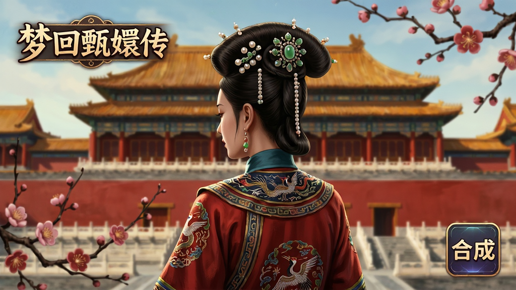 主体:《梦回甄传》游戏主视觉图,一位身着华丽清宫旗装的古典女子背影侧影,发髻上点缀珠翠,身处宏伟的紫禁城宫殿前。布局:画面中央为女子主体,背景为层层叠叠的朱红宫墙与金色琉璃瓦,前景点缀几株盛开的梅花。排版:游戏LOGO《梦回甄传》置于画面左上角,右下角有“合成”玩法图标元素。风格:写实古风,手绘细腻,色彩浓郁,电影级调色。细节:服饰刺绣纹理清晰,光影层次分明,背景宫殿透视准确。画质:8K超高清,细腻干净,无多余元素。