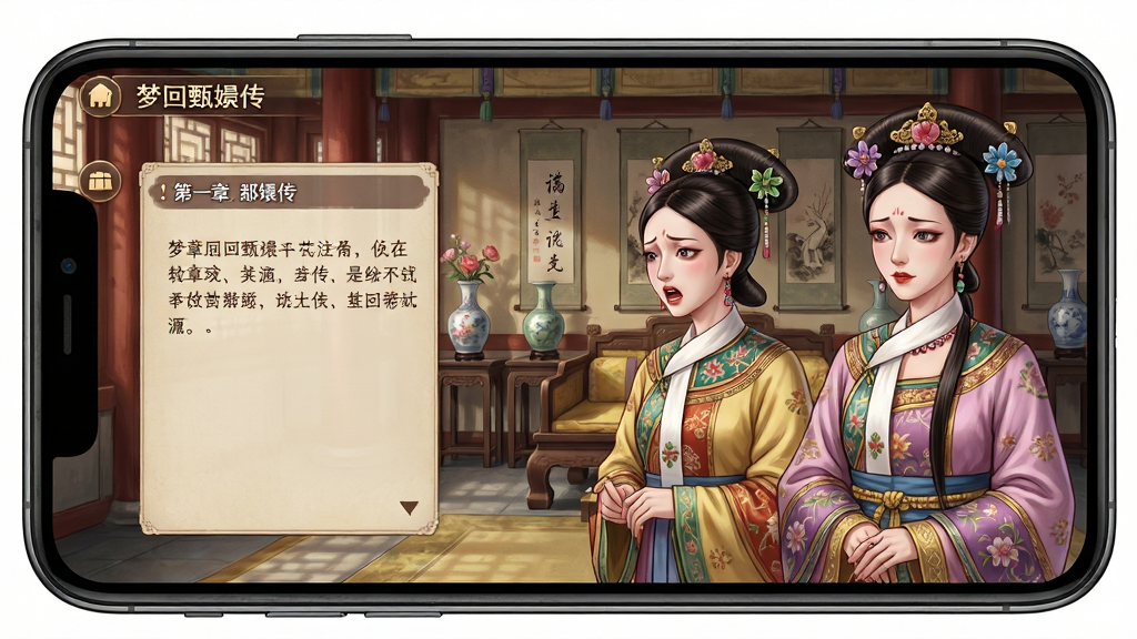 主体:手机屏幕内展示《梦回甄传》游戏剧情对话界面,屏幕中两位宫装女子相对而立,表情生动。布局:左侧为剧情对话框,右侧为角色半身立绘,背景为古色古香的宫殿内景。排版:界面UI采用游戏内统一风格,对话框文字清晰,左上角显示章节名称。风格:精美2D手绘,古风UI设计,色彩柔和。细节:角色发丝、衣纹细节丰富,场景陈设如花瓶、字画等古玩元素精细。画质:高分辨率,干净清晰,无多余UI元素。