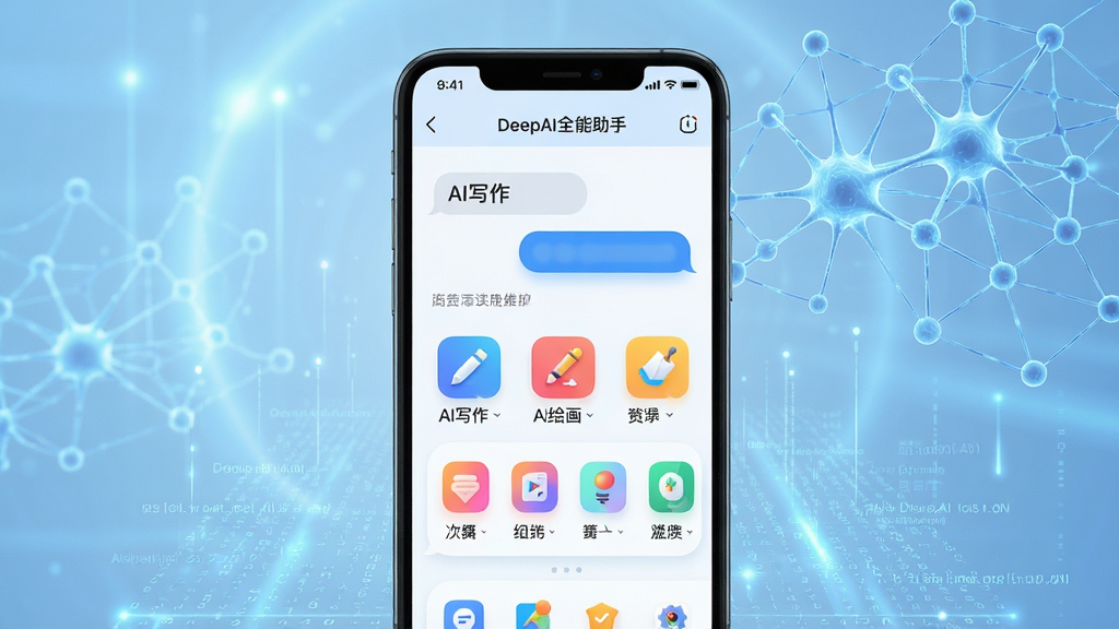画面主体为“DeepAI全能助手”的智能手机界面特写,屏幕显示AI对话与功能菜单,背景是浅蓝色科技感光效与抽象神经网络线条。布局采用手机居中构图,界面悬浮于数字信息流之上。排版强调应用UI的清晰与秩序感,风格为现代扁平结合微立体光影,细节展示屏幕内“AI写作”、“AI绘画”等彩色图标,整体画质高清干净,无多余元素。
