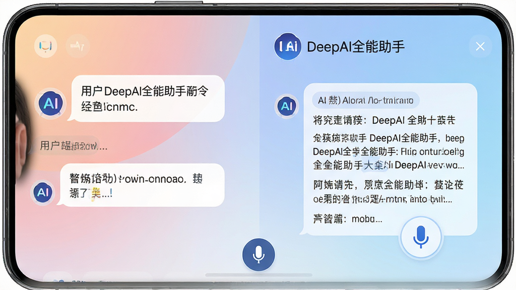图片主体为“DeepAI全能助手”AI对话界面,左侧是用户提问气泡,右侧是AI结构化的详细回答,屏幕下方有语音输入麦克风图标。布局为手机竖屏全屏展示,排版突出对话的流畅与信息层级分明。风格采用柔和渐变色背景,清晰展示AI头像与“DeepAI全能助手”字样,细节注重文字可读性与界面圆润感,画质干净明亮,无多余元素。