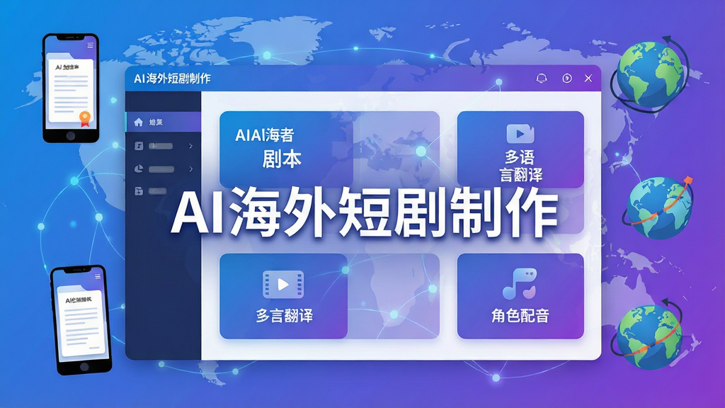 主体:一款名为“AI海外短剧制作”的软件界面,屏幕中展示AI生成剧本、多语言翻译、角色配音等功能模块,画面中央有“AI海外短剧制作”字样。布局:软件界面为主视觉,周围环绕手机、剧本、地球图标等元素,整体排版左文右图,信息层级分明。风格:现代科技感,扁平化设计,蓝紫渐变主色调,干净明亮。细节:界面图标清晰,文字标签可辨,背景有淡淡的网络连接线条与全球地图轮廓。画质:高清8K,干净,无多余元素。
