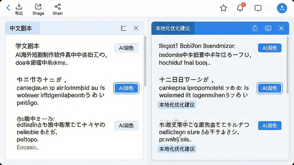 主体:AI海外短剧制作软件的剧本编辑页面,左侧为中文剧本,右侧自动显示英文、日文等多语言翻译结果,并带有“本地化优化建议”标签。布局:上下分栏,上方为功能菜单栏,下方为双语对照编辑区,整体界面整洁。风格:商务简洁风,浅色背景,蓝色点缀。细节:翻译结果旁有“AI润色”按钮,菜单栏包含“导出”“分享”等图标。画质:高清,干净,无多余元素。
