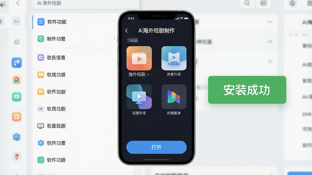 主体:手机屏幕显示AI海外短剧制作运行界面,旁边有“安装成功”提示,背景为软件功能列表。布局:手机居中,屏幕内容清晰可见,底部有“打开”按钮。风格:写实风格,浅色背景。细节:屏幕上显示“AI海外短剧制作”名称和几个功能图标。画质:高清,干净,无多余元素。