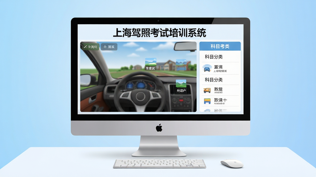 上海驾照考试培训系统主界面展示,电脑屏幕显示模拟考试页面与科目分类列表,桌面整洁,背景为浅蓝色渐变,现代扁平化设计风格,界面元素清晰,文字标注“上海驾照考试培训系统”,高清画质,干净无多余元素
