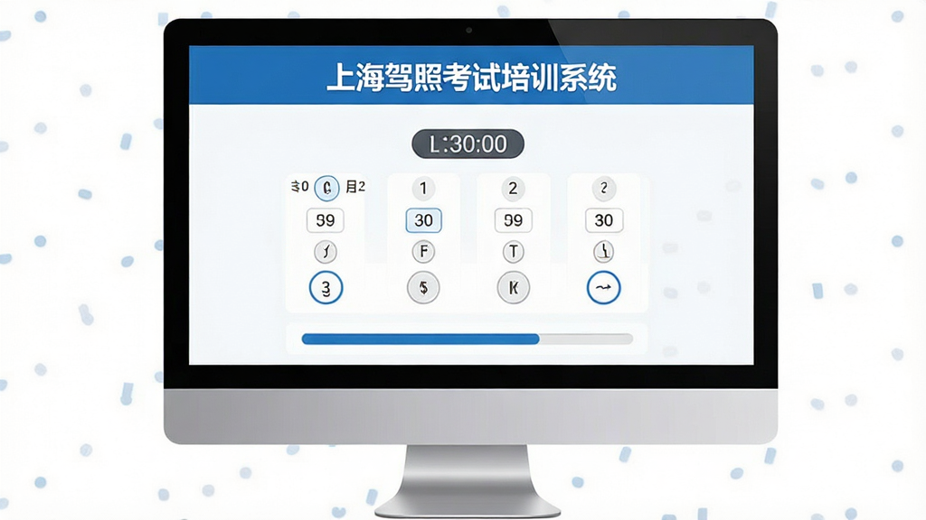 上海驾照考试培训系统模拟考试界面,电脑屏幕显示选择题界面,有倒计时和进度条,顶部有“上海驾照考试培训系统”字样,界面简洁清爽,蓝白配色,高清画质,干净无多余元素