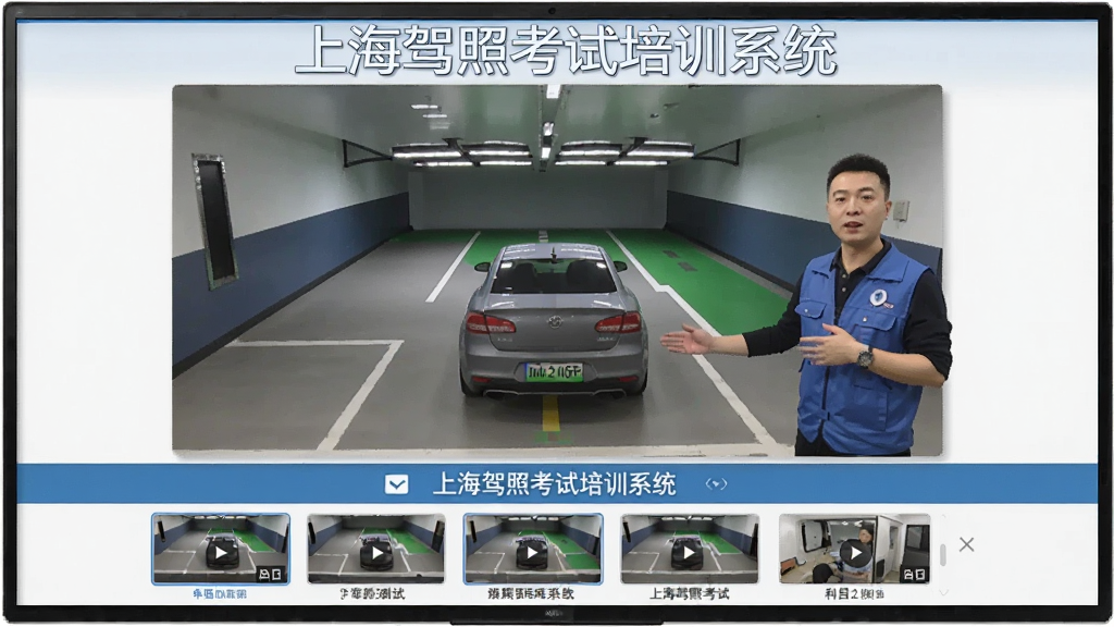 上海驾照考试培训系统视频教学页面,屏幕中播放科目二倒车入库的教学视频,画面有教练讲解和车辆示意,下方有视频列表栏,整体风格简洁,文字标注“上海驾照考试培训系统”,高清画质,干净无多余元素