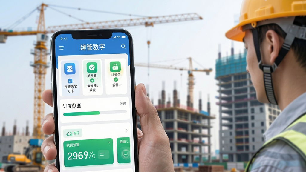 画面主体为一名戴着安全帽的工程师手持智能手机,屏幕清晰显示“建管数字”主界面,背景是模糊的塔吊与在建大楼。布局采用手机特写与工程实景融合,前景手机占画面三分之一,背景留白干净。排版突出软件界面图标与数据卡片,风格写实科技感,细节包括屏幕中进度条、对勾标识与绿色数据面板,画质高清明亮,干净无多余元素。