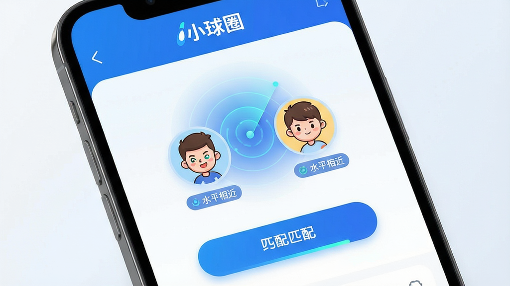 主体:智能手机屏幕展示小球圈APP的“约球匹配”界面。布局:屏幕中央显示两个卡通头像正在连接,周围有雷达波纹。排版:界面顶部有“小球圈”文字标识,下方匹配按钮高亮。风格:科技感UI设计,蓝色主调。细节:头像旁标注“水平相近”标签,匹配进度条清晰可见。画质:高清屏幕显示,界面干净整洁。