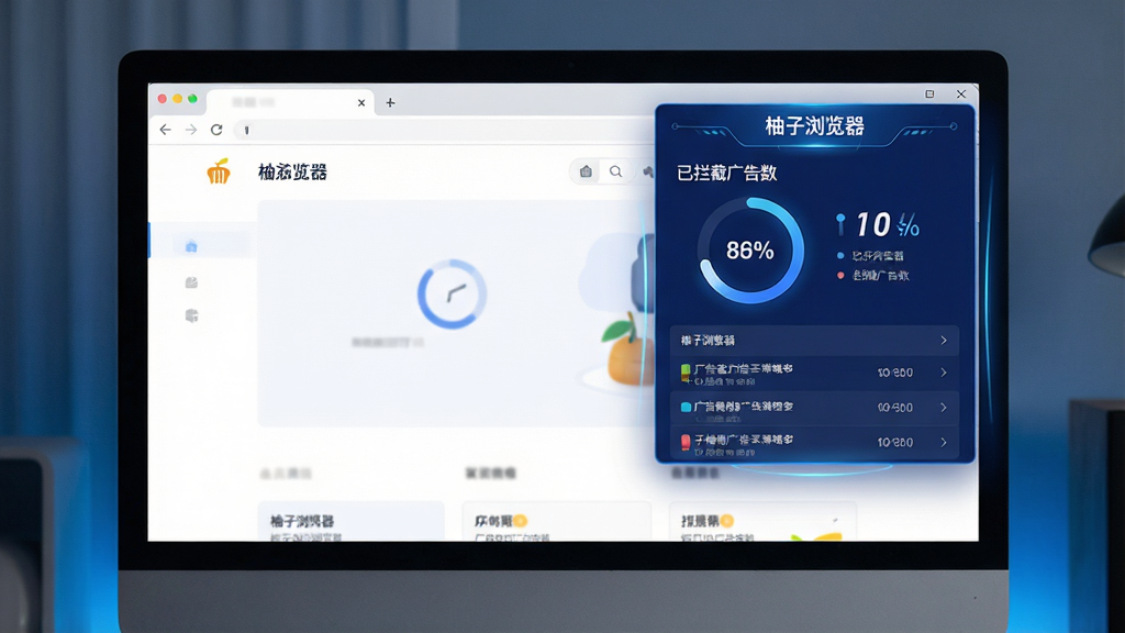 主体:柚子浏览器广告拦截功能界面,电脑屏幕显示拦截统计面板,上面有