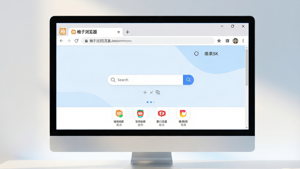 主体:柚子浏览器主界面展示在电脑屏幕上,界面简洁明亮,地址栏与标签栏清晰可见,页面中心是搜索框与常用网站图标;布局:电脑屏幕居中,浏览器窗口占据屏幕主体,周围有柔和的光影效果;排版:浏览器界面元素排列整齐,标签页、工具栏、页面内容层次分明;风格:现代扁平化设计风格,色彩以白色与淡蓝色为主,整体干净清新;细节:屏幕边缘有细微反光,桌面背景为浅色渐变,浏览器窗口显示