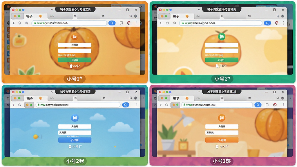 主体:柚子浏览器多账号小号管理页面,电脑屏幕被均分为四个窗口,分别显示不同网站登录界面;布局:四宫格布局,每个窗口边缘有不同颜色边框区分,下方有