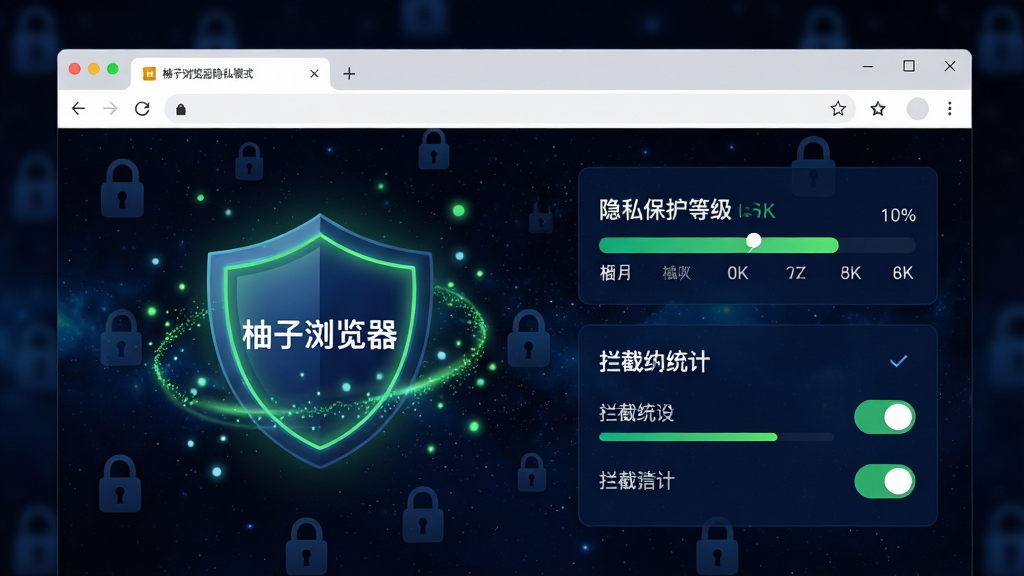 主体:柚子浏览器隐私模式界面,浏览器窗口有一把盾牌图标,背景为深色星空与锁形图案;布局:盾牌图标居中偏左,右侧显示隐私保护等级与拦截统计;排版:信息层级分明,有进度条与开关选项;风格:科技安全风格,深蓝色与荧光绿搭配,营造安全氛围;细节:盾牌上写着