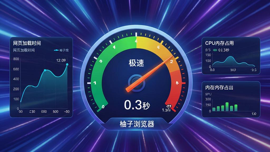 主体:柚子浏览器速度测试页面,屏幕显示一个巨大的速度仪表盘,指针指向