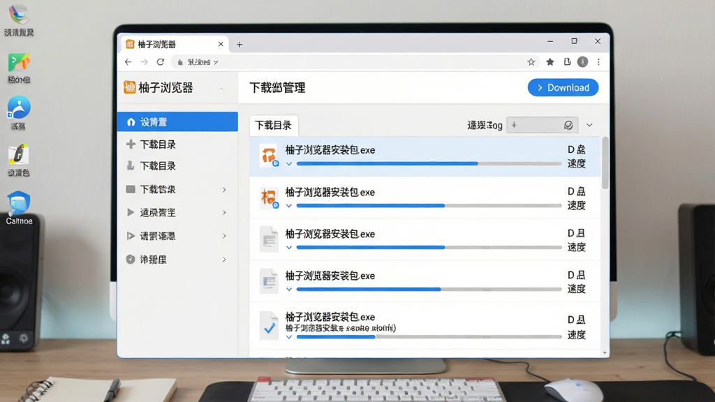 主体:柚子浏览器设置页面与下载管理界面,背景为电脑桌面,浏览器窗口内显示下载列表与设置选项;布局:浏览器窗口占据画面中央,左侧为设置导航栏,右侧为下载管理列表,有若干文件正在下载;排版:设置项分类清晰,下载文件带有进度条与速度;风格:简洁商务风格,白色与浅灰色背景,蓝色高亮按钮;细节:下载列表文件名为