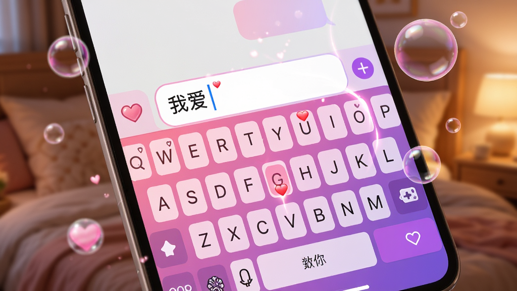 一张智能手机屏幕的特写,屏幕上显示LoveChat输入法的聊天键盘界面,键盘采用粉紫色渐变浪漫风格,带有心形装饰和动态光效,输入框内显示“我爱你”三个字并配有爱心表情,手机周围漂浮着柔和的粉色泡泡,背景是模糊的温馨卧室灯光,画面整体风格唯美浪漫,细节精致,画质清晰,干净,无多余元素。