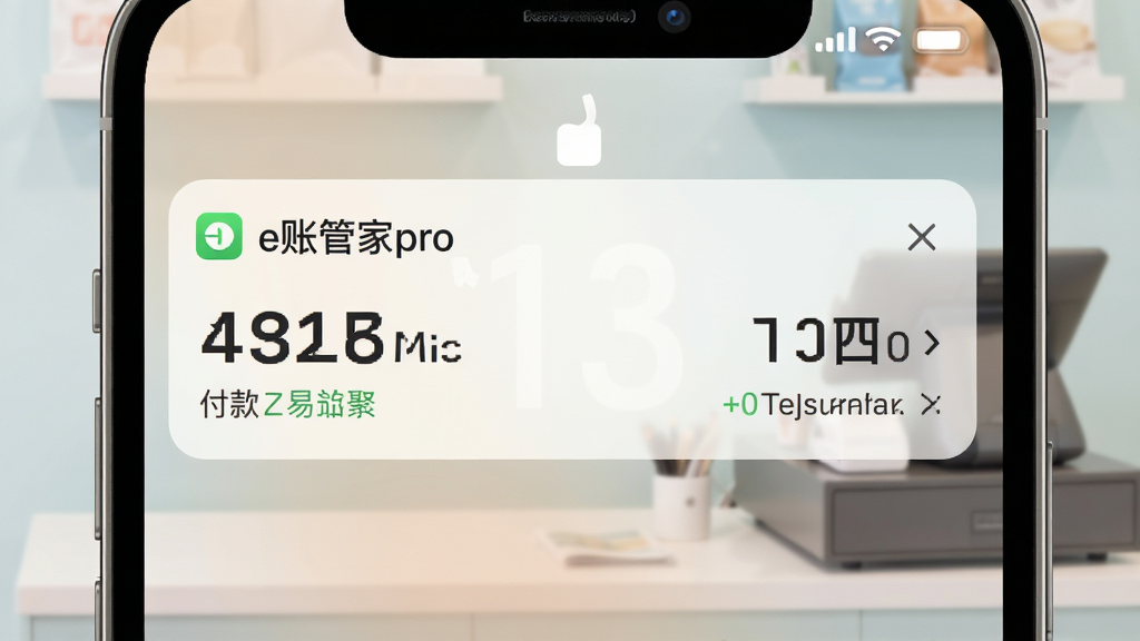 手机锁屏界面显示e账管家pro新交易通知横幅,横幅内展示交易金额与付款方式,背景是简洁的店铺收银台场景,壁纸柔和,通知栏设计醒目,风格写实,画质高清,干净无多余元素