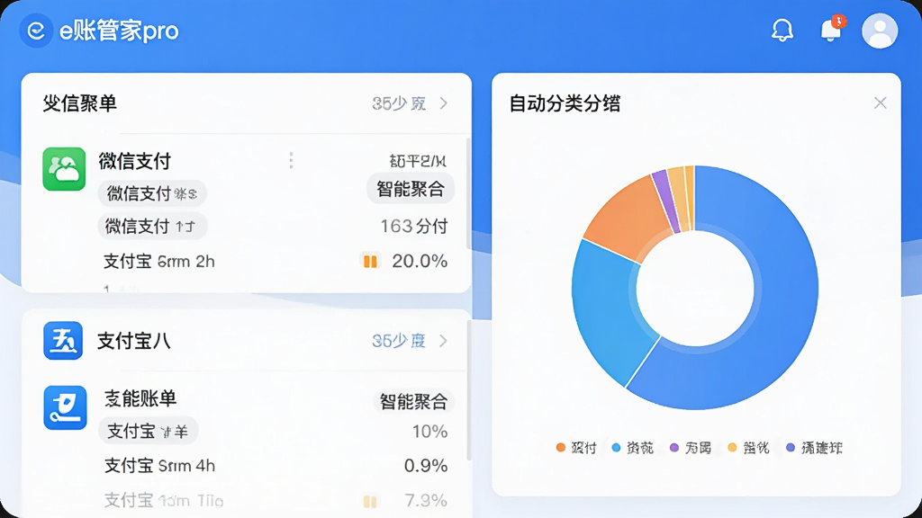 一幅e账管家pro功能界面截图风格预览图,左侧展示聚合的微信支付与支付宝账单列表,右侧展示自动分类饼状图,整体UI为蓝白主色调,界面带有卡片式布局与圆角设计,图标现代简约,文字标注“智能聚合”字样,画质干净,无多余元素