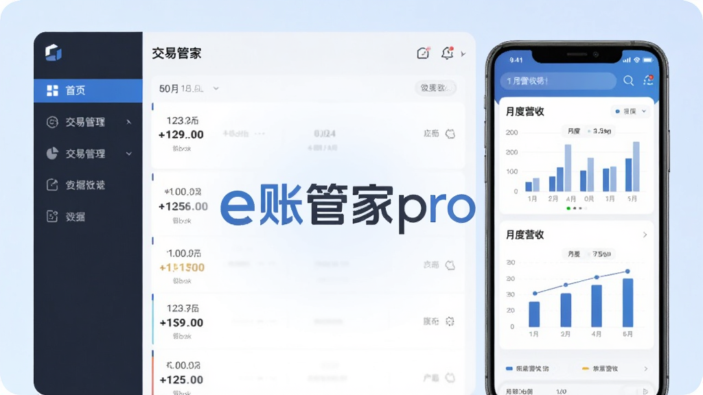 图片中央展示e账管家pro品牌Logo与智能手机主界面,界面显示清晰的交易流水列表与月度营收统计图表,背景采用柔和的浅蓝渐变,整体布局扁平化设计,左侧为功能导航栏,右侧为数据看板,排版整洁,现代商务风格,细节丰富,画质高清,干净无多余元素