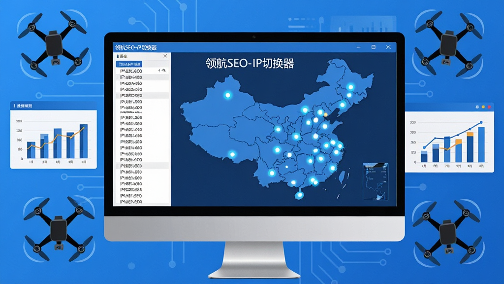 主体:一台现代电脑显示器,屏幕显示领航SEO-IP切换器软件界面,界面有中国地图和多个城市节点光点,左侧列表显示IP地址。布局:电脑居中,周围环绕无人机、数据图表元素。排版:界面清晰,窗口排列有序。风格:科技感与商务感结合,蓝白主色调,简洁扁平化设计。细节:地图光点闪烁,界面文字显示“领航SEO-IP切换器”字样。画质:高清渲染,干净,无多余元素。